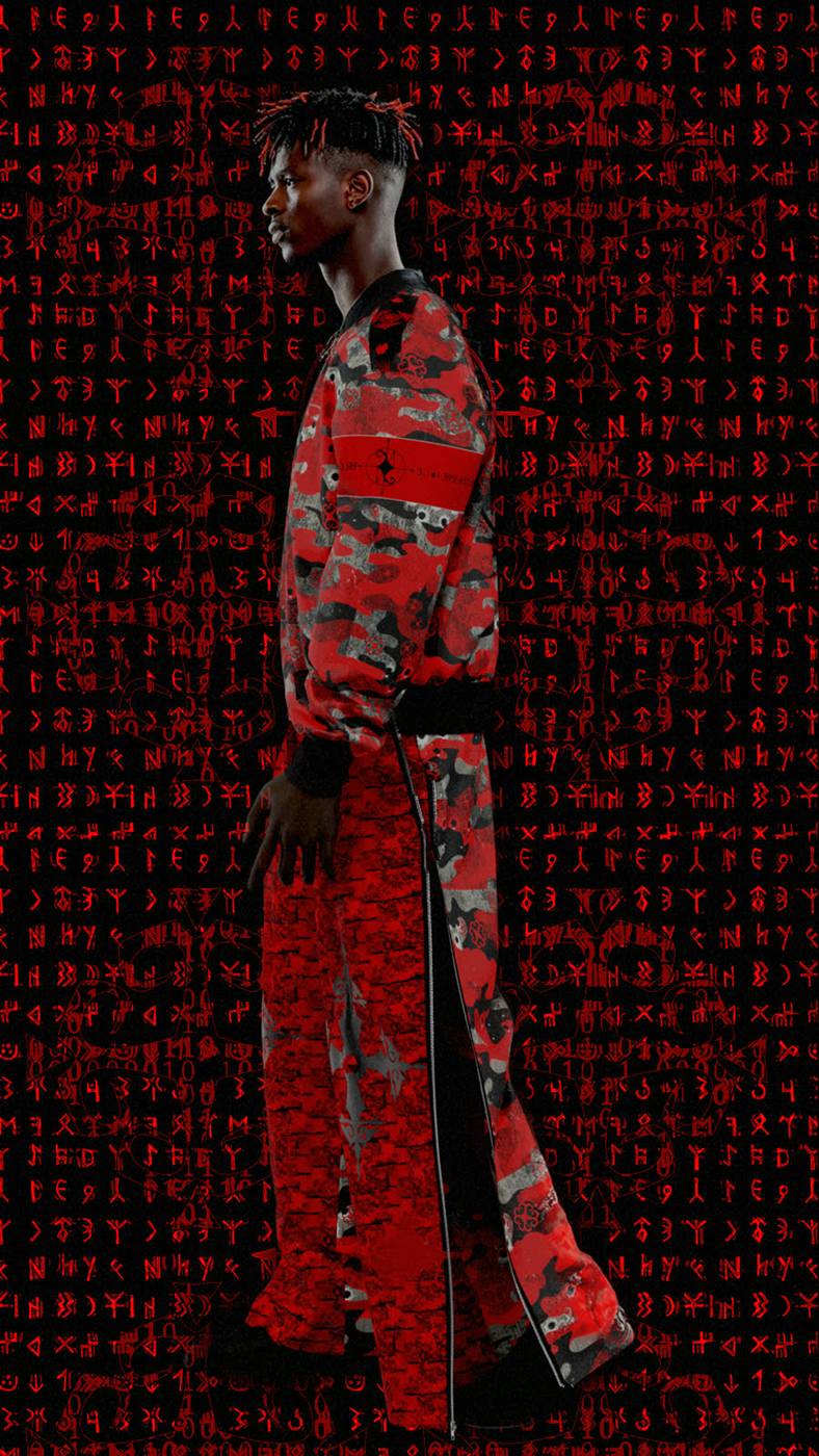 Camo look against rune wall — 3D render