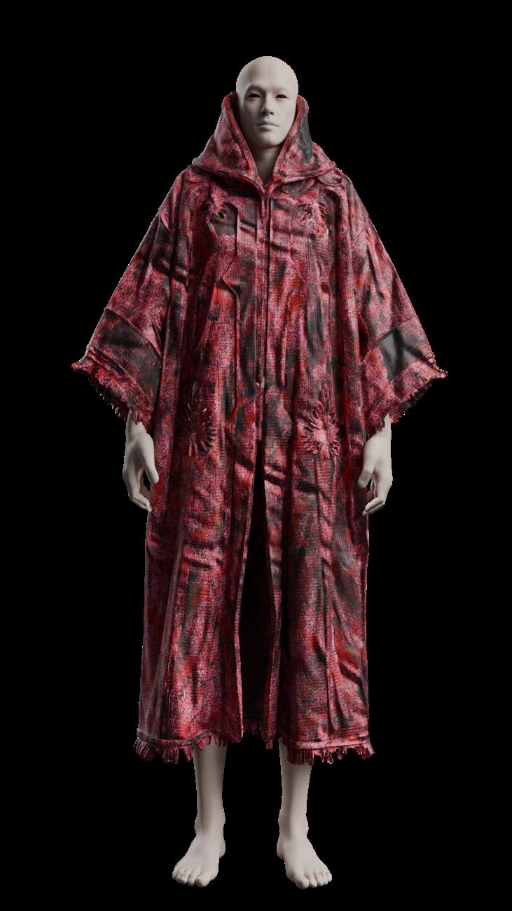 Red jacquard hooded cloak on mannequin — CLO3D render