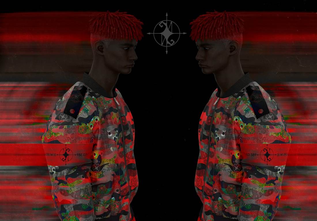 Mirrored render poster — red glitch bomber