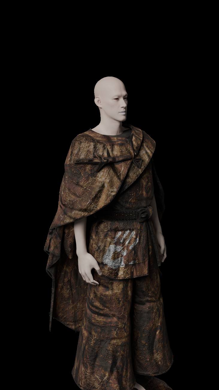 Bronze textured robe on mannequin — CLO3D render