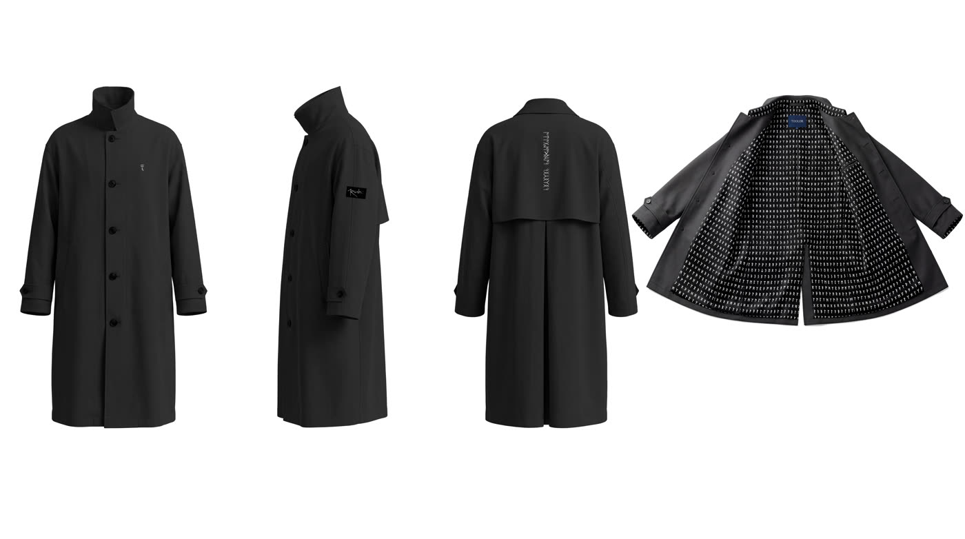 Black trench coat — CLO3D four-view lineup with studded lining