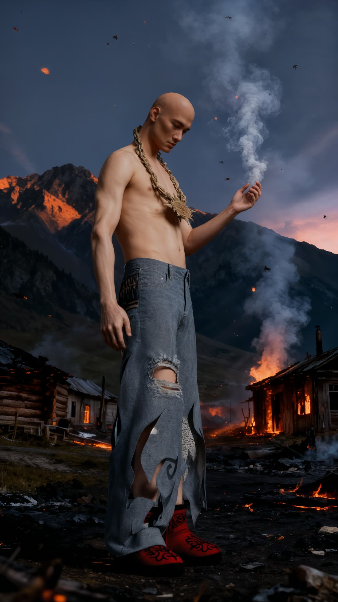 Unreal Engine 5 scene — avatar in burning mountain village