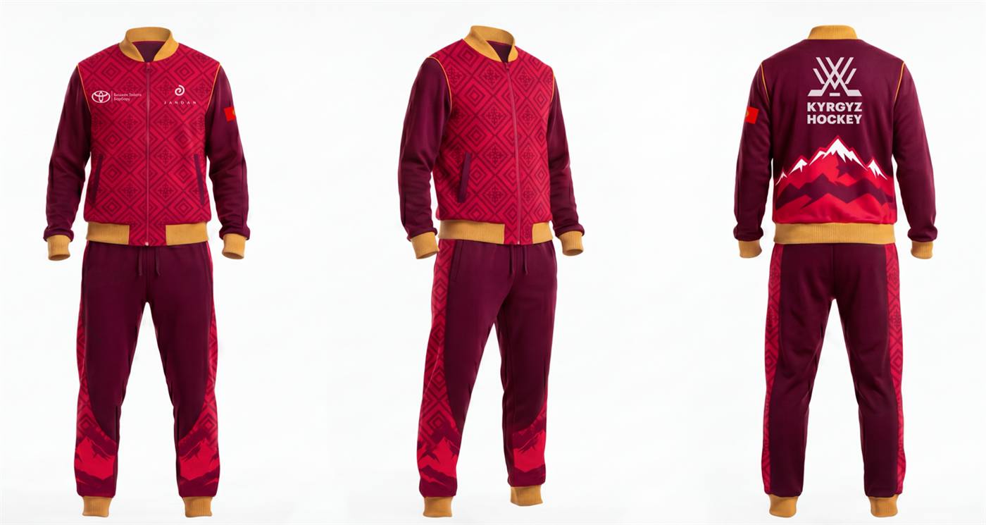Kyrgyz Hockey national team tracksuit — burgundy ornament render, IIHF