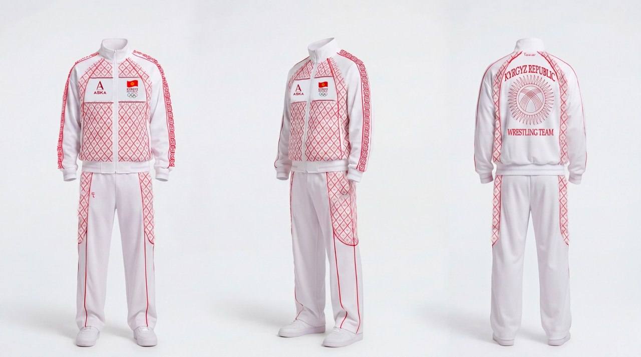 Wrestling team white tracksuits with red lattice print — three views