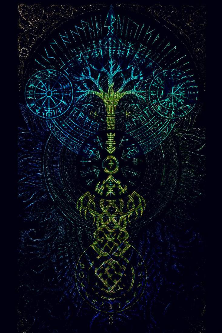 Engineered print — rune tree of life, dotted linework
