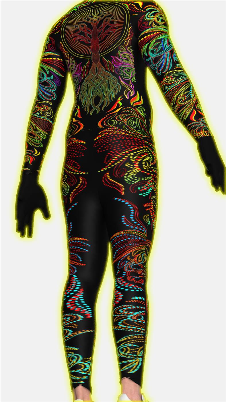 Rapha Burning Man suit — back, ember ornament, CLO3D