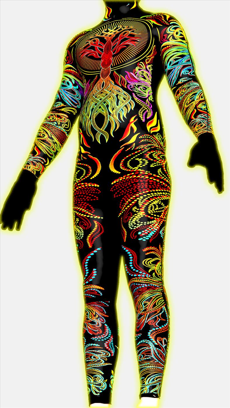 Rapha Burning Man suit — front, neon phoenix print, CLO3D