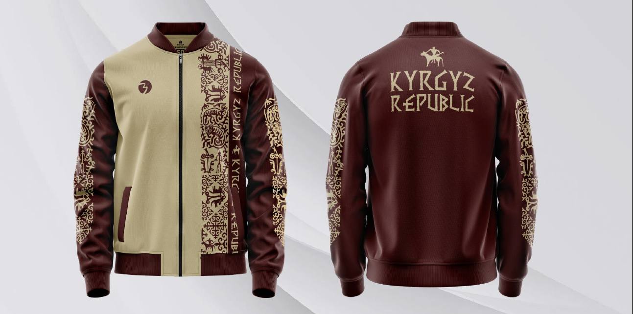 Kyrgyz Republic parade bomber render — burgundy and sand petroglyph sleeves